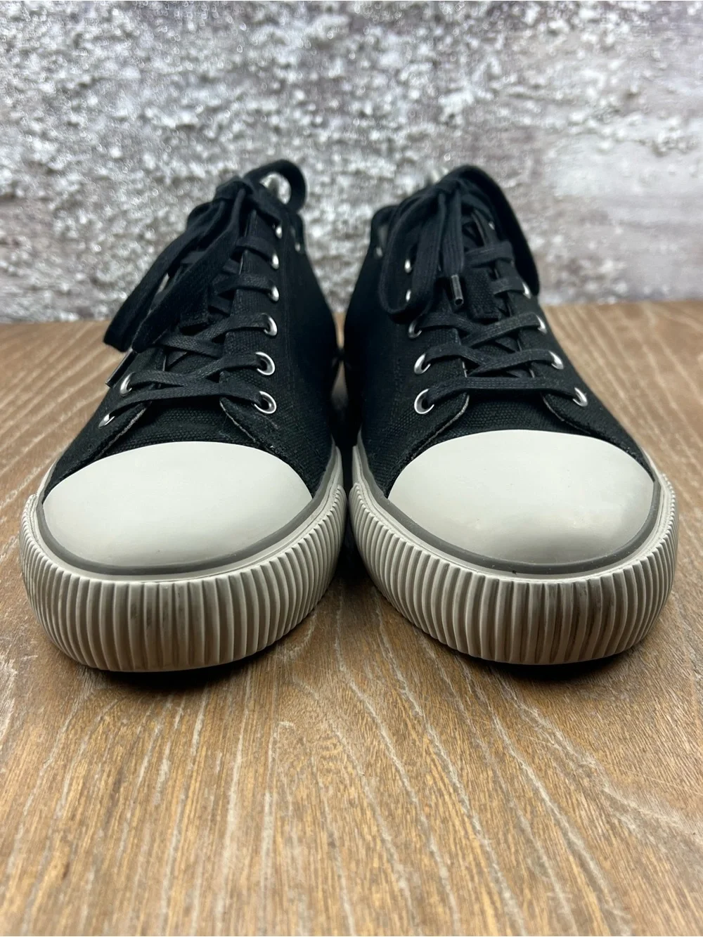 602 ALLSAINTS DILLON Men's Classic Black Canvas Low-Top Sneakers White Toe 11